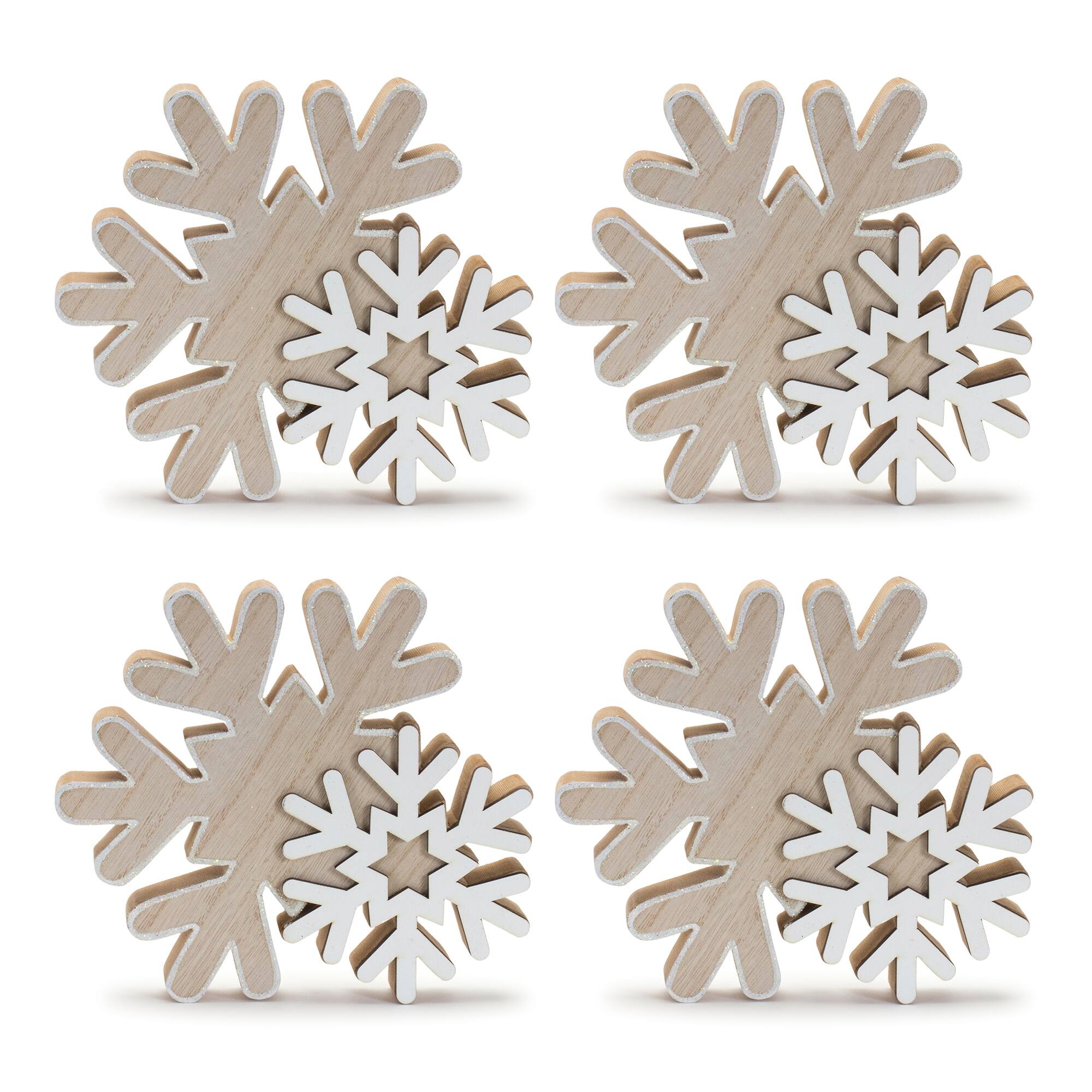 7" Natural & White Glittered Wood Snowflake, 4ct.